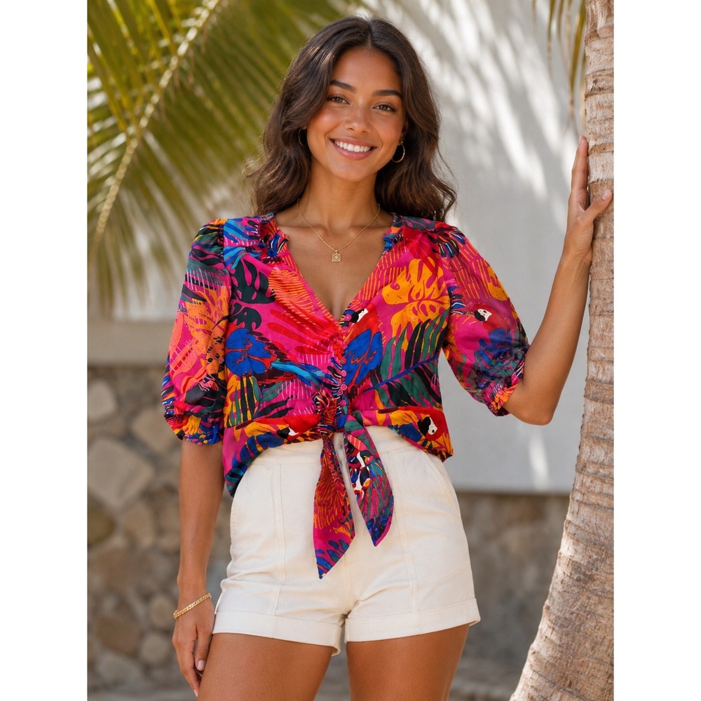 Joie Women Pink Tropical Parrot Leaf Print Button Front Tie Hem Crop Top Size M